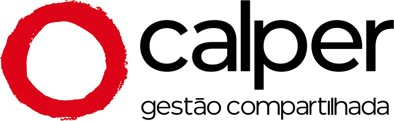 Logo da Calper gestão compartilhada em preto e um circulo médio em vermelho.